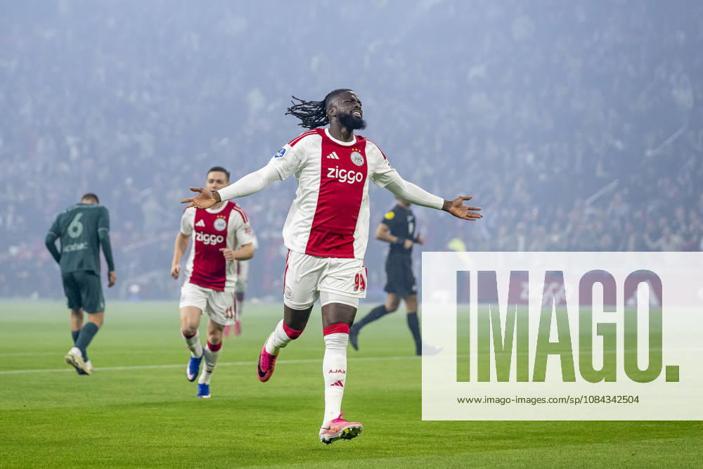 AMSTERDAM - AFC Ajax Amsterdam forward Toluwalase Arokodare celebrates the 1-0 during the Vriendenloterij Eredivisie match between Ajax and N.E.C. in Johan Cruijff ArenA on 10 oktober 2026 in Amsterdam , Nederland. (Photo by DeFodi Images) -