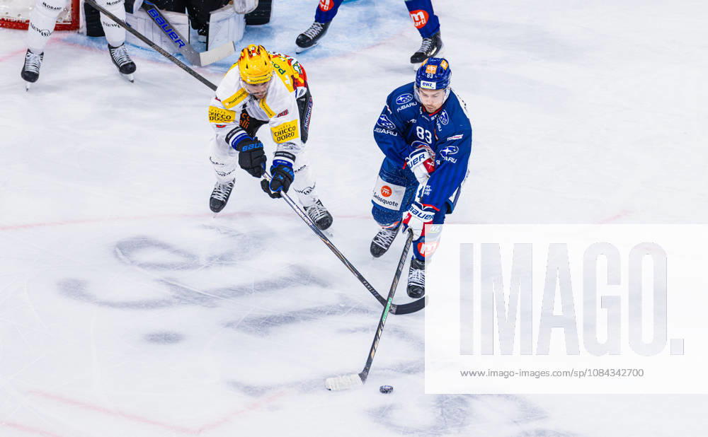 Ice hockey, Eishockey National League Regular Season - ZSC Lions vs HC Frib Zurich, Switzerland, 10th Oct 2026: Duel between 83 Juho Lammikko (ZSC Lions) and Postfinance top scorer Sandro Schmid (Fribourg).