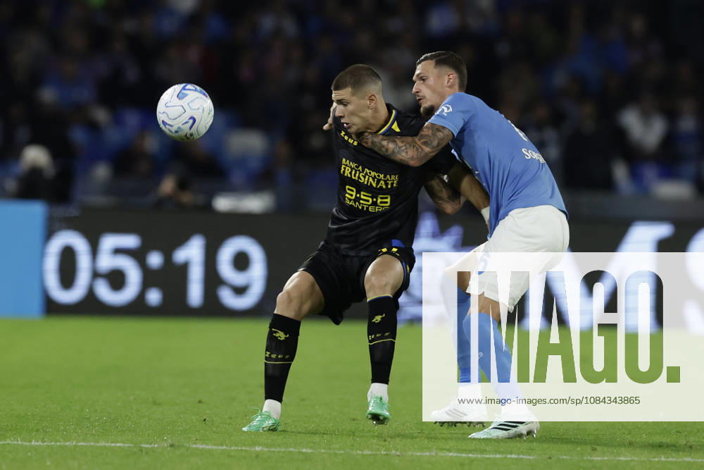 Serie a football match SSC Napoli vs Frosinone Frosinone s Georgian forward Giorgi Kvernadze challenges for the ball with Napoli s Spanish defender Rafa Marin during the Serie A football match between SSC Napoli vs Frosinone at the Diego Armando Maradona Stadium in Naples, southern Italy, on October 10, 2026. _BPH7110