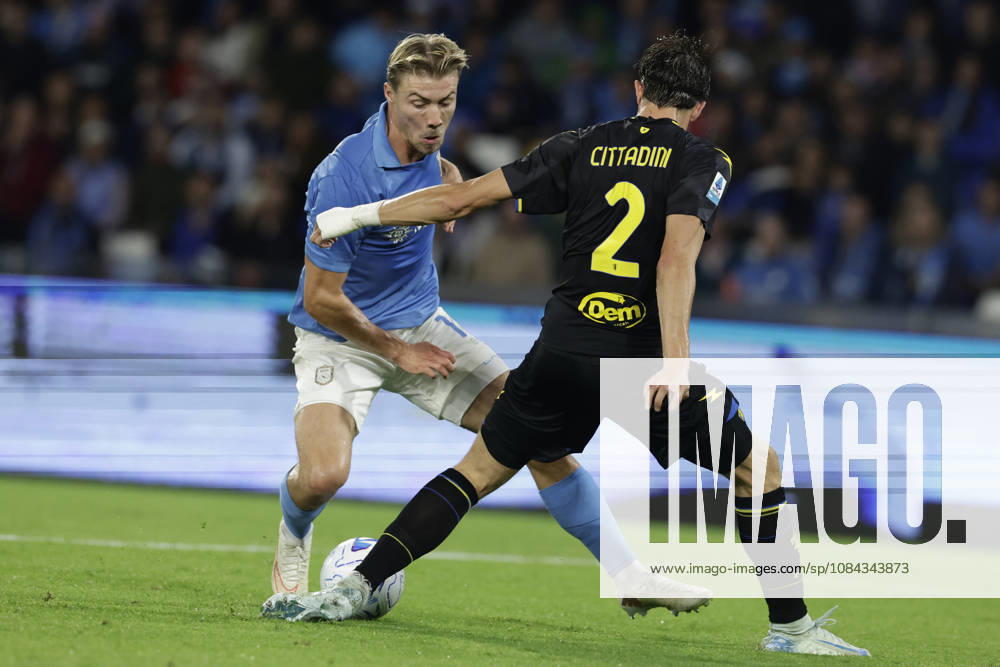 Serie a football match SSC Napoli vs Frosinone Napoli s Danish forward Rasmus Hojlund challenges for the ball with Frosinone s Italian defender Giorgio Cittadini during the Serie A football match between SSC Napoli vs Frosinone at the Diego Armando Maradona Stadium in Naples, southern Italy, on October 10, 2026. _BPH7321
