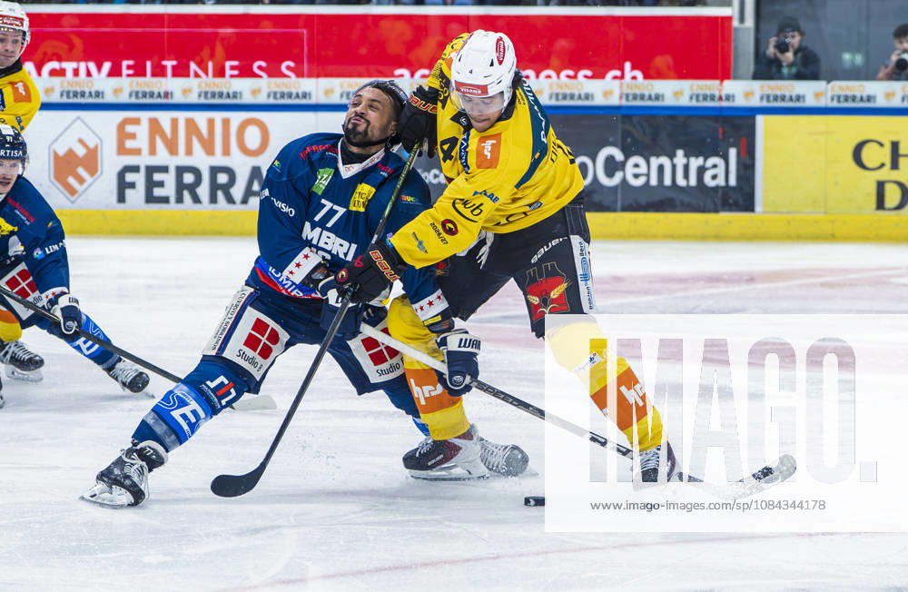 Quinto, Gottardo Arena, NL: HC Ambri-Piotta v SC Bern: 77 Michael Joly (Ambri) against 4 Rodwin Dionicio (Bern) Quinto Gottardo Arena Ticino Switzerland