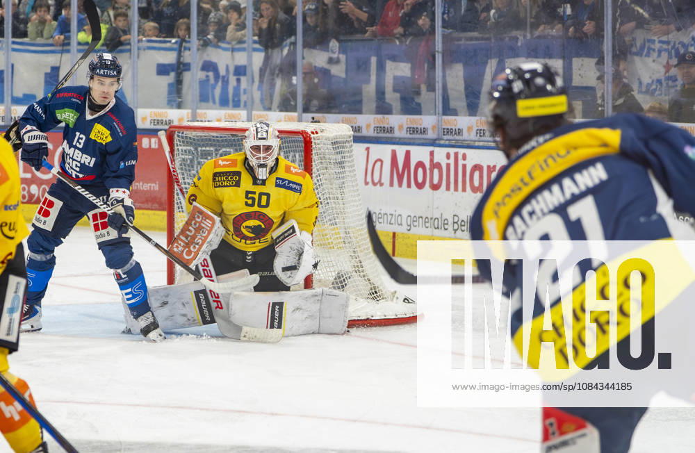 Quinto, Gottardo Arena, NL: HC Ambri-Piotta v SC Bern: 50 goalkeeper Christof Von Burg (Bern) saves on 21 Luc Bachmann (Ambri) Quinto Gottardo Arena Ticino Switzerland