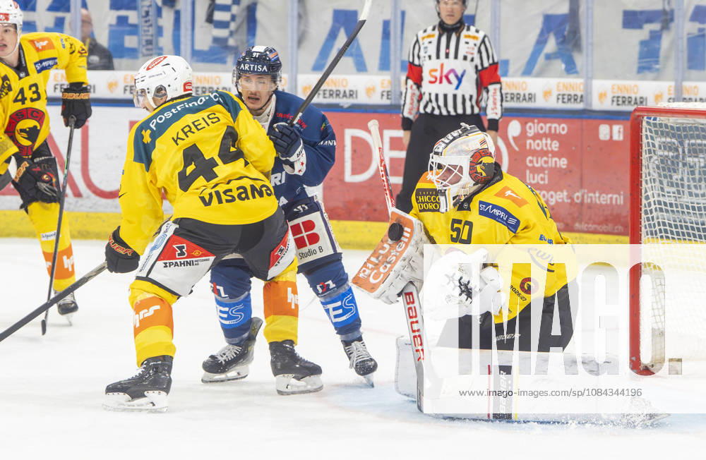 Quinto, Gottardo Arena, NL: HC Ambri-Piotta v SC Bern: 50 goalkeeper Christof Von Burg (Bern) saves despite 91 Petr Kodytek (Ambri) Quinto Gottardo Arena Ticino Switzerland