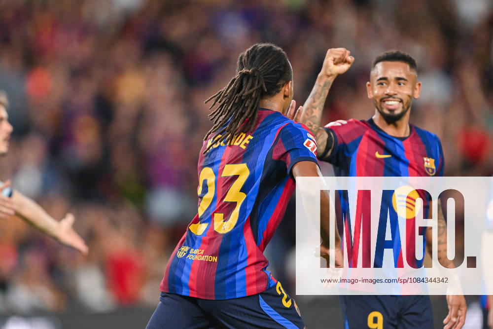FC Barcelona, Barca v GETAFE CF SPOTIFY CAMP NOU. BARCELONA October 10,2026 FC BARCELONA vs GETAFE CF OCTOBER 10 ,2026 Jules Kounde (23) of FC Barcelona celebrates scoring his team s third goal with Gabriel Jesus (9) of FC Barcelona during the match between FC Barcelona and Getafe CF corresponding to the eighth day of La Liga EA Sports at at Spotify Camp Nou in Barcelona, Spain. Barcelona ESP