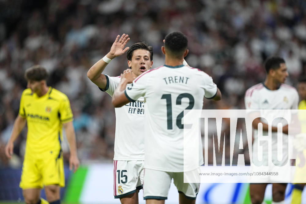 Arda Guler of Real Madrid CF claps with Trent Alexander-Arnold during the Spanish League, LaLiga EA Sports, football match between Real Madrid and Villarreal CF at Bernabeu stadium on October 10, 2026, in Madrid, Spain. Real Madrid V Villarreal CF - LaLiga EA Sports - ZUMAa181 20261010_zaa_a181_132