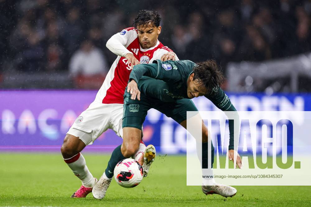 AMSTERDAM - (lr) Owen Wijndal of Ajax, Tobias Storm of NEC Nijmegen during the Dutch Eredivisie match between AFC Ajax and NEC Nijmegen at the Johan Cruijff ArenA on October 10, 2026 in Amsterdam, the Netherlands. MAURICE VAN STEEN ANP Eredivisie 2026 27 ANPxSportx IVx 572059985 originalFilename: 572059985