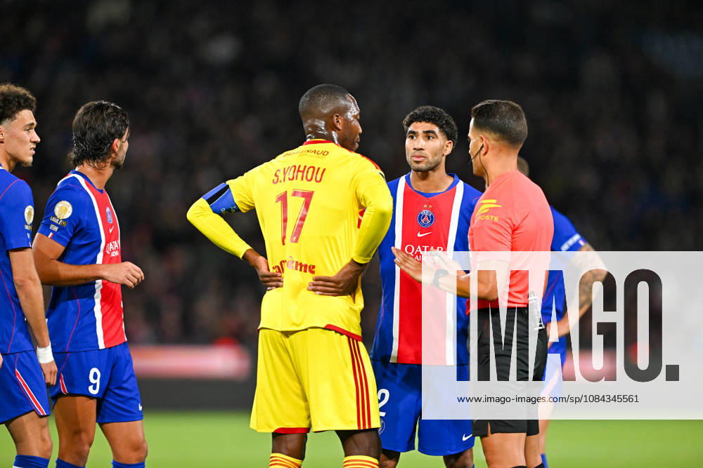 Paris Saint-Germain v Le Mans FC - Ligue 1 McDonald s 2026 2027 Samuel YOHOU of Le Mans FC, Achraf HAKIMI of Paris Saint-Germain and Mathieu VERNICE Referee during Ligue 1 McDonald s match between Paris and Le Mans at Parc des Princes on October 10, 2026 in Paris, France. Paris France