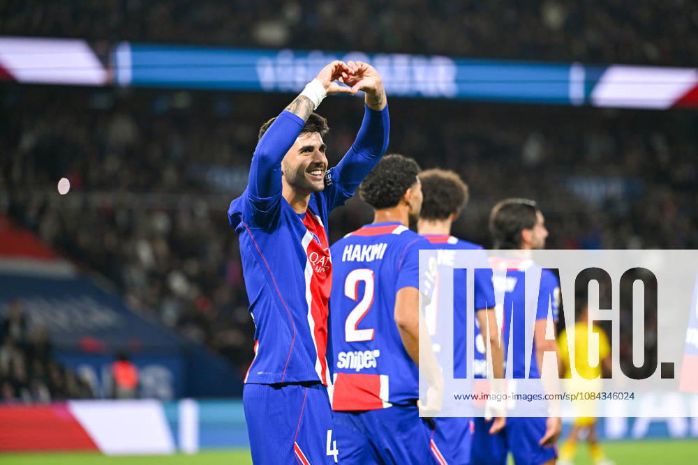 Paris Saint-Germain v Le Mans FC - Ligue 1 McDonald s 2026 2027 Lucas BERALDO of Paris Saint-Germain celebrate after scores during Ligue 1 McDonald s match between Paris and Le Mans at Parc des Princes on October 10, 2026 in Paris, France. Paris France