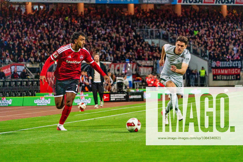 Rayan Ghrieb (1. FC Nuernberg, 07) und Joakim Maehle (VfL Wolfsburg, 21), GER, 1. FC Nuernberg vs. VfL Wolfsburg, Fussball, 2. Bundesliga, 7. Spieltag, Saison 2026 2027, 10.10.2026, DFL REGULATIONS PROHIBIT ANY USE OF PHOTOGRAPHS AS IMAGE SEQUENCES AND OR QUASI-VIDEO, GER, 1. FC Nuernberg vs. VfL Wolfsburg, Fussball, 2. Bundesliga, 7. Spieltag, Saison 2026 2027, 10.10.2026 Nuernberg
