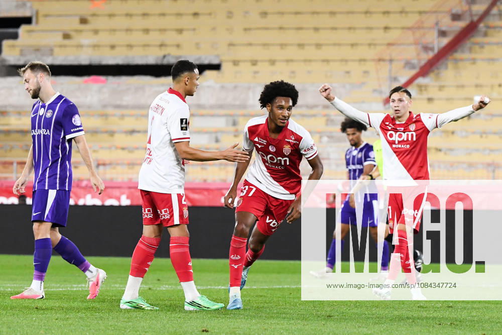 AS Monaco v Toulouse FC - Ligue 1 McDonald s 2026 2027 VANDERSON of Monaco, Mathys DETOURBET of Monaco and Edan DIOP of Monaco celebrate after scores during Ligue 1 McDonald s match between Monaco and Toulouse at Stade Louis II on October 10, 2026 in Monaco, Monaco. Monaco Monaco