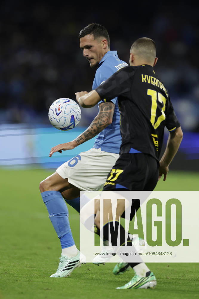 Serie a football match SSC Napoli vs Frosinone Napoli s Spanish defender Rafa Marin challenges for the ball with Frosinone s Georgian forward Giorgi Kvernadze during the Serie A football match between SSC Napoli vs Frosinone at the Diego Armando Maradona Stadium in Naples, southern Italy, on October 10, 2026. _BPH8857