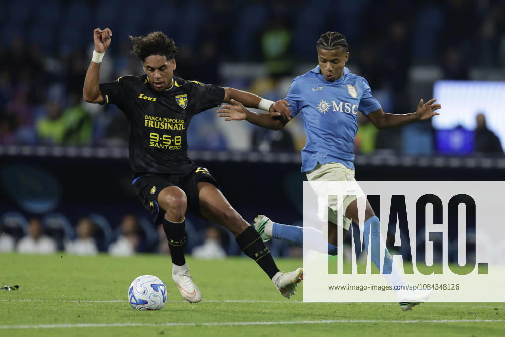 Serie a football match SSC Napoli vs Frosinone Frosinone s Gabonese defender Anthony Oyono challenges for the ball with Napoli s Brazilian forward David Neres during the Serie A football match between SSC Napoli vs Frosinone at the Diego Armando Maradona Stadium in Naples, southern Italy, on October 10, 2026. _BPH8963