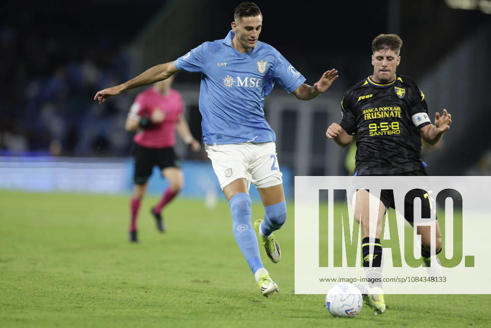 Serie a football match SSC Napoli vs Frosinone Napoli s Italian forward Lorenzo Lucca challenges for the ball with Frosinone s Italian defender Gabriele Bracaglia during the Serie A football match between SSC Napoli vs Frosinone at the Diego Armando Maradona Stadium in Naples, southern Italy, on October 10, 2026. _BPH9184