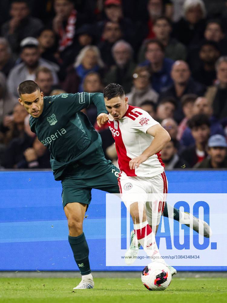 AMSTERDAM - (lr) Gabriel Bras of NEC Nijmegen, Oscar Gloukh of Ajax during the Dutch Eredivisie match between AFC Ajax and NEC Nijmegen at the Johan Cruijff ArenA on October 10, 2026 in Amsterdam, the Netherlands. MAURICE VAN STEEN ANP Eredivisie 2026 27 ANPxSportx IVx 572064834 originalFilename: 572064834