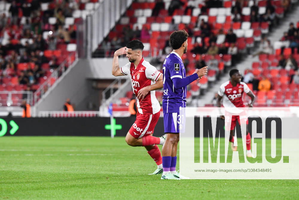 AS Monaco v Toulouse FC - Ligue 1 McDonald s 2026 2027 Ilyas AZIZI of Toulouse looks dejected and Matthis ABLINE of Monaco celebrate after scores during Ligue 1 McDonald s match between Monaco and Toulouse at Stade Louis II on October 10, 2026 in Monaco, Monaco. Monaco Monaco