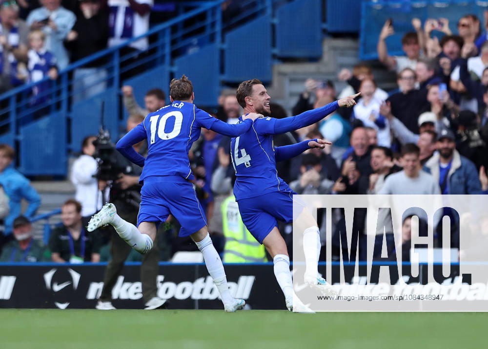 10th October 2026; Stamford Bridge, London, England; Premier League Football, Chelsea versus Bournemouth; Jordan Henderson of Chelsea celebrates scoring his sides 5th goal from a direct free kick in the 70th minute to make it 5-1 with Cole Palmer of Chelsea JohnxPatrickxFletcher