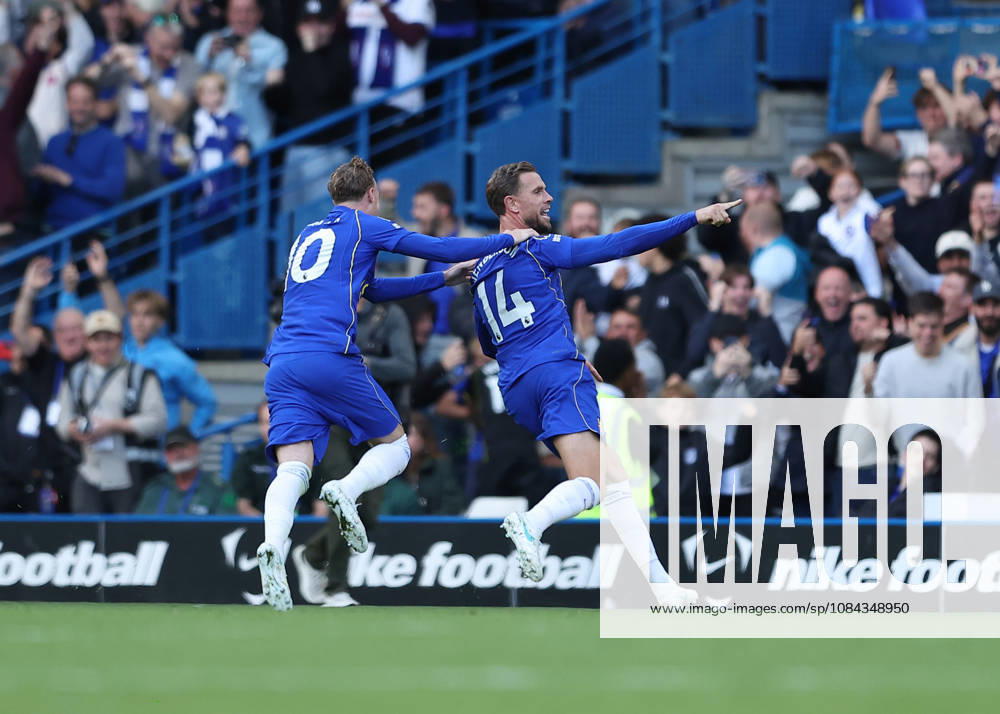 10th October 2026; Stamford Bridge, London, England; Premier League Football, Chelsea versus Bournemouth; Jordan Henderson of Chelsea celebrates scoring his sides 5th goal from a direct free kick in the 70th minute to make it 5-1 with Cole Palmer of Chelsea JohnxPatrickxFletcher