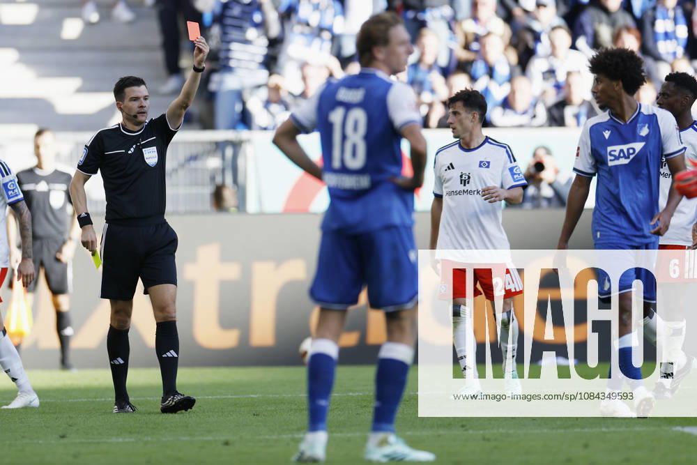 Schiedsrichter, Referee: Harm Osmers l. zeigt Bernardo (TSG Hoffenheim) r. die gelb rote Karte, Rote Karte für,Red card, Platzverweis, Ampelkarte im Bundesliga-Spiel zwischen der TSG 1899 Hoffenheim und dem Hamburger SV in der PreZero Arena, Sinsheim, Deutschland, am 10. Oktober 2026. in action during the Bundesliga match between TSG 1899 Hoffenheim and Hamburger SV at the PreZero Arena, Sinsheim, Germany, on October 10, 2026. DFB DFL REGULATIONS PROHIBIT ANY USE OF PHOTOGRAPHS AS IMAGE SEQUENCES AND OR QUASI-VIDEO,