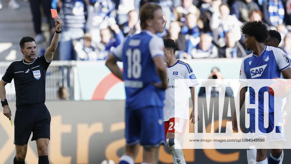 Schiedsrichter, Referee: Harm Osmers l. zeigt Bernardo (TSG Hoffenheim) r. die gelb rote Karte, Rote Karte für,Red card, Platzverweis, Ampelkarte im Bundesliga-Spiel zwischen der TSG 1899 Hoffenheim und dem Hamburger SV in der PreZero Arena, Sinsheim, Deutschland, am 10. Oktober 2026. in action during the Bundesliga match between TSG 1899 Hoffenheim and Hamburger SV at the PreZero Arena, Sinsheim, Germany, on October 10, 2026. DFB DFL REGULATIONS PROHIBIT ANY USE OF PHOTOGRAPHS AS IMAGE SEQUENCES AND OR QUASI-VIDEO,