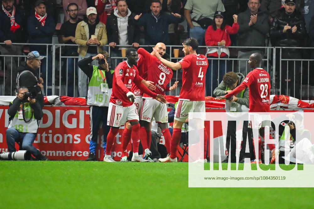 Stade Brestois 29 v Angers SCO - Ligue 1 McDonald s 2026 2027 Pathà MBOUP of Stade Brestois 29 , Mama BALDE of Stade Brestois 29 , Ludovic AJORQUE of Brest celebrate after scores during Ligue 1 McDonald s match between Brest and Angers at Stade Francis-Le Ble on October 10, 2026 in Brest, France. Brest France