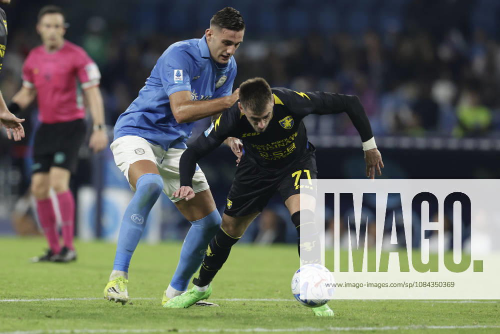 Serie a football match SSC Napoli vs Frosinone Napoli s Italian forward Lorenzo Lucca challenges for the ball with Frosinone s Serbian defender Aleksa Terzic during the Serie A football match between SSC Napoli vs Frosinone at the Diego Armando Maradona Stadium in Naples, southern Italy, on October 10, 2026. _BPH0031