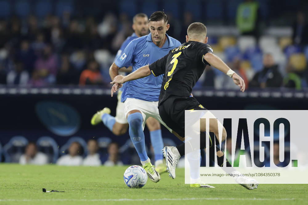 Serie a football match SSC Napoli vs Frosinone Napoli s Italian forward Lorenzo Lucca challenges for the ball with Frosinone s Italian defender Gabriele Calvani during the Serie A football match between SSC Napoli vs Frosinone at the Diego Armando Maradona Stadium in Naples, southern Italy, on October 10, 2026. _BPH9872