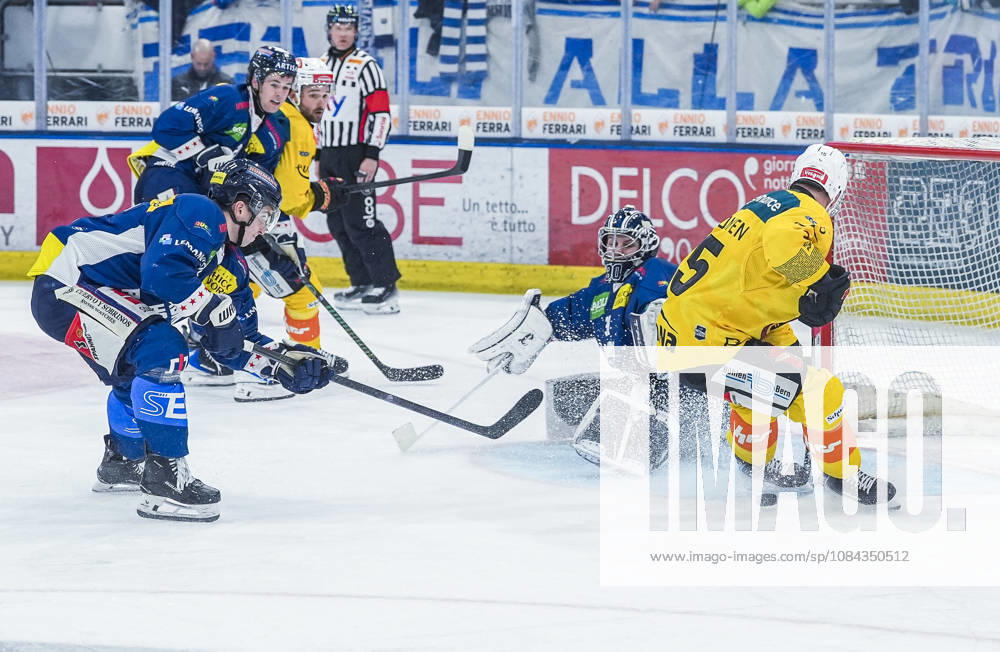 Quinto, Gottardo Arena, NL: HC Ambri-Piotta v SC Bern: 15 Miro Aaltonen (Bern) against 30 goalkeeper Philip Wuthrich (Ambri) Quinto Gottardo Arena Ticino Switzerland