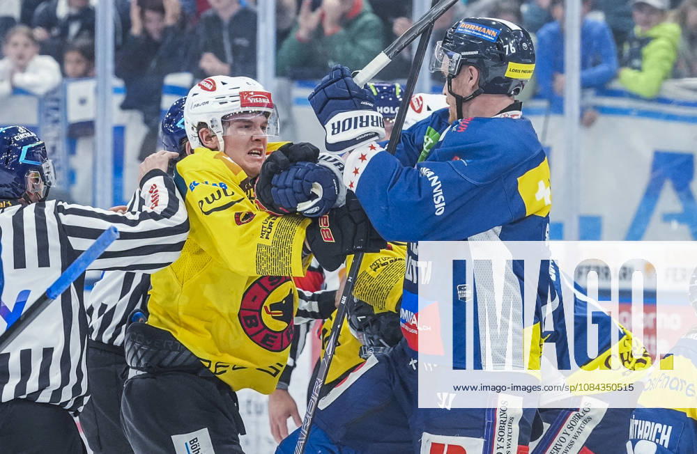 Quinto, Gottardo Arena, NL: HC Ambri-Piotta v SC Bern: 64 Mats Alge (Bern) against 76 Nathan Schnarr (Ambri) Quinto Gottardo Arena Ticino Switzerland