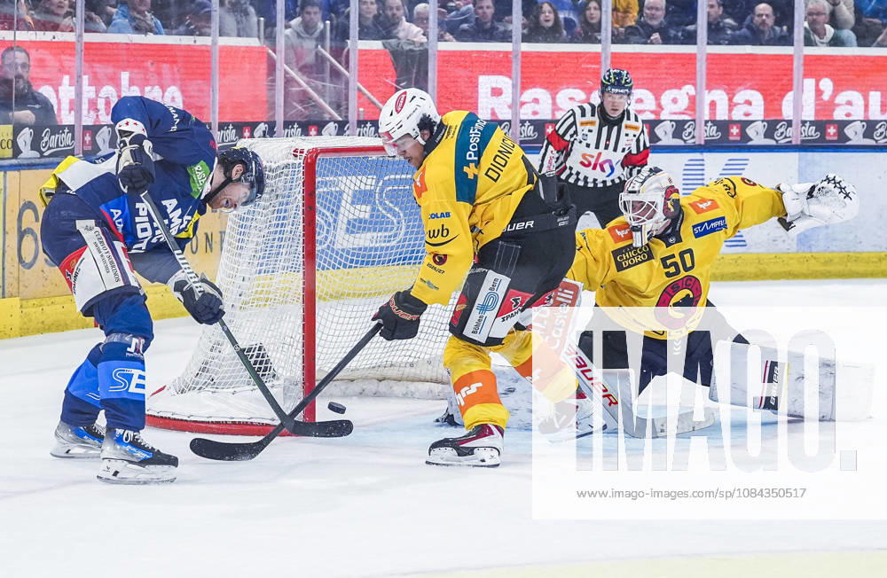 Quinto, Gottardo Arena, NL: HC Ambri-Piotta v SC Bern: 44 Andre Heim (Ambri) against 4 Rodwin Dionicio (Bern) Quinto Gottardo Arena Ticino Switzerland