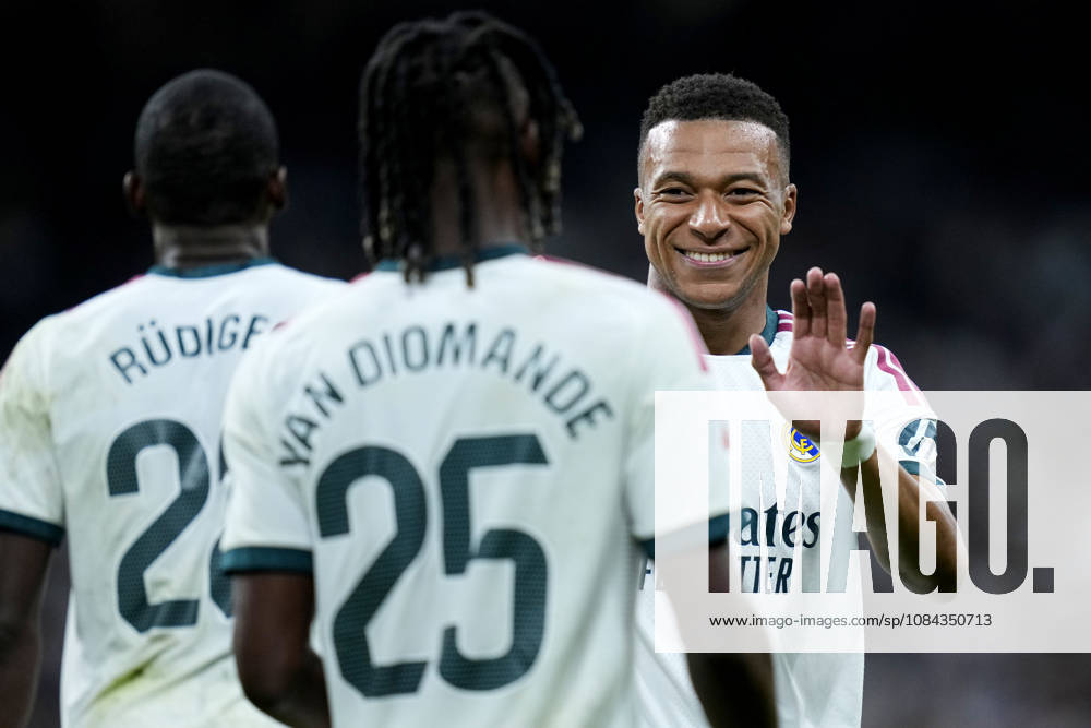 ESP: Real Madrid - Villarreal CF. La Liga EA Sports. Matchday 8. Yan Diomande of Real Madrid CF celebrates after scoring goal with his teammate Kylian Mbappe during the La Liga EA Sports match between Real Madrid and Villarreal CF played at Santiago Bernabeu Stadium on 10 Oct 2026 in Madrid, Spain. kpng