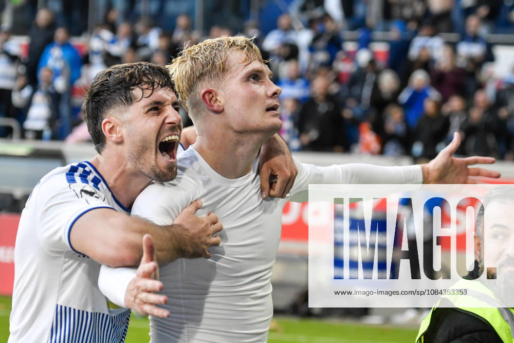 Peter Remmert (Duisburg 39) jubelt nach dem Tor zum 3:2 mit Tobias Fleckstein (Duisburg 5) 10.10.2026 ¢ Fussball ¢ MSV Duisburg vs TSG 1899 Hoffenheim II, Schauinsland-Reisen-Arena, Duisburg, DFB DFL REGULATIONS PROHIBIT ANY USE OF PHOTOGRAPHS AS IMAGE SEQUENCES AND OR QUASI-VIDEO NRW Germany