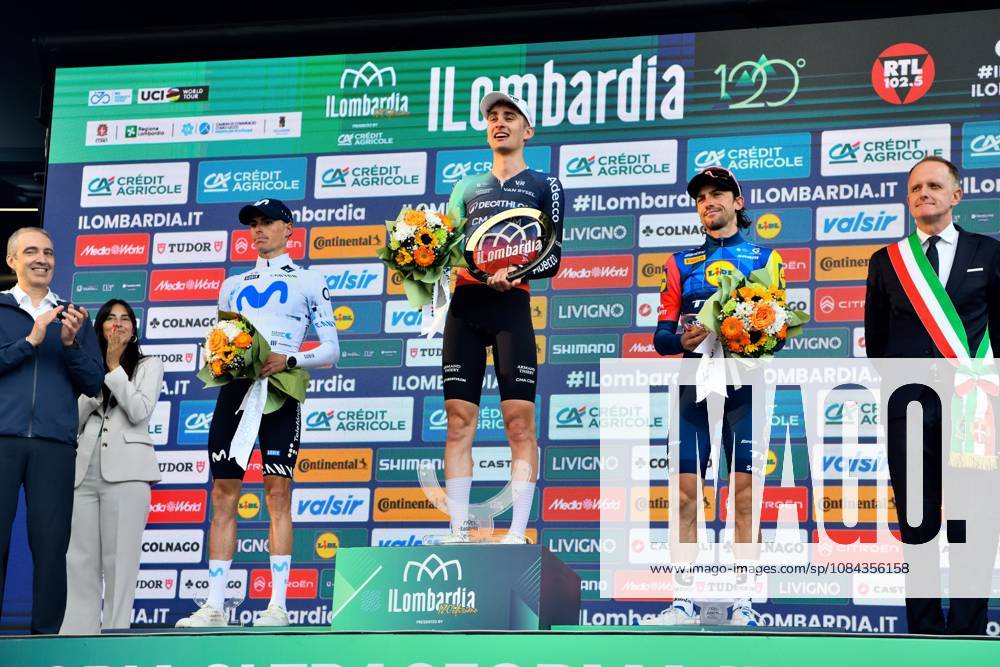 IPA89523031 - The podium: Enric Mas (ESP), Paul Seixas (FRA), and Giulio Ciccone (ITA) during Il Lombardia 2026, a Road cycling, Rad, Radsport, Strasse race in Bergamo, Italy, on October 10, 2026