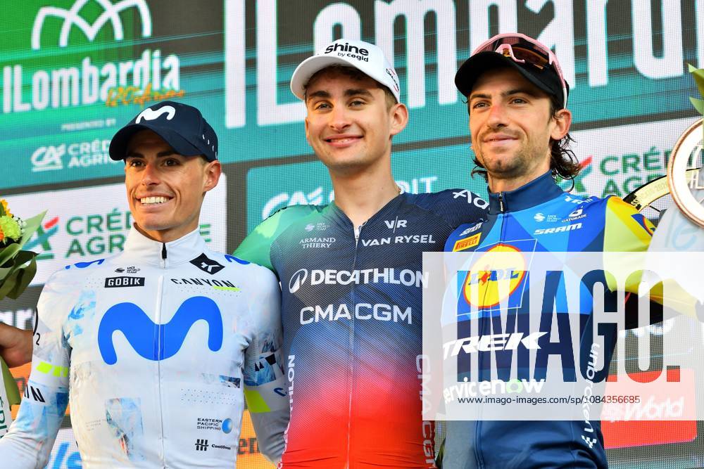 IPA89523404 - The podium: Enric Mas (ESP), Paul Seixas (FRA), and Giulio Ciccone (ITA) during Il Lombardia 2026, a Road cycling, Rad, Radsport, Strasse race in Bergamo, Italy, on October 10, 2026