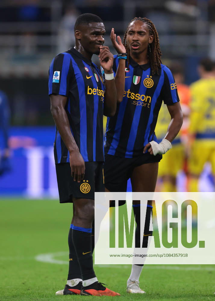 FC Internazionale v Parma Calcio 1913 - Serie A - Season 2026-2027 Milan, Italy, 10th October 2026. Djed Spence of FC Internazionale discusses with team mate Ange-Yoan Bonny following the FC Internazionale vs Parma Calcio 1913 Serie A match at Giuseppe Meazza, Milan. Picture credit should read: Jonathan Moscrop Milan Stadio Giuseppe Meazza Italy