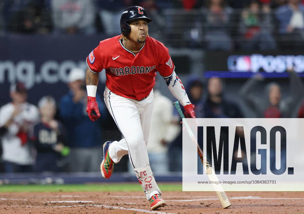 Cleveland Guardians Jose Ramirez (11) watches the ball after hitting a two-run home run against the Chicago White Sox in the fourth inning of an MLB, Baseball Herren, USA American League Division Series at Progressive Field in Cleveland, Ohio, on Saturday, October 10, 2026. CLE20261010718 AARONxJOSEFCZYK