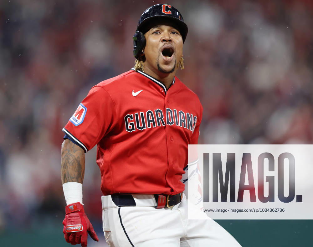 Cleveland Guardians Jose Ramirez (11) celebrates after hitting a two-run home run against the Chicago White Sox in the fourth inning of an MLB, Baseball Herren, USA American League Division Series at Progressive Field in Cleveland, Ohio, on Saturday, October 10, 2026. CLE20261010720 AARONxJOSEFCZYK