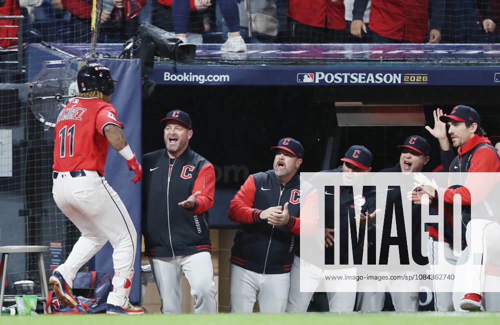 Cleveland Guardians Jose Ramirez (11) celebrates with teammates after hitting a two-run home run against the Chicago White Sox in the fourth inning of an MLB, Baseball Herren, USA American League Division Series at Progressive Field in Cleveland, Ohio, on Saturday, October 10, 2026. CLE20261010722 AARONxJOSEFCZYK