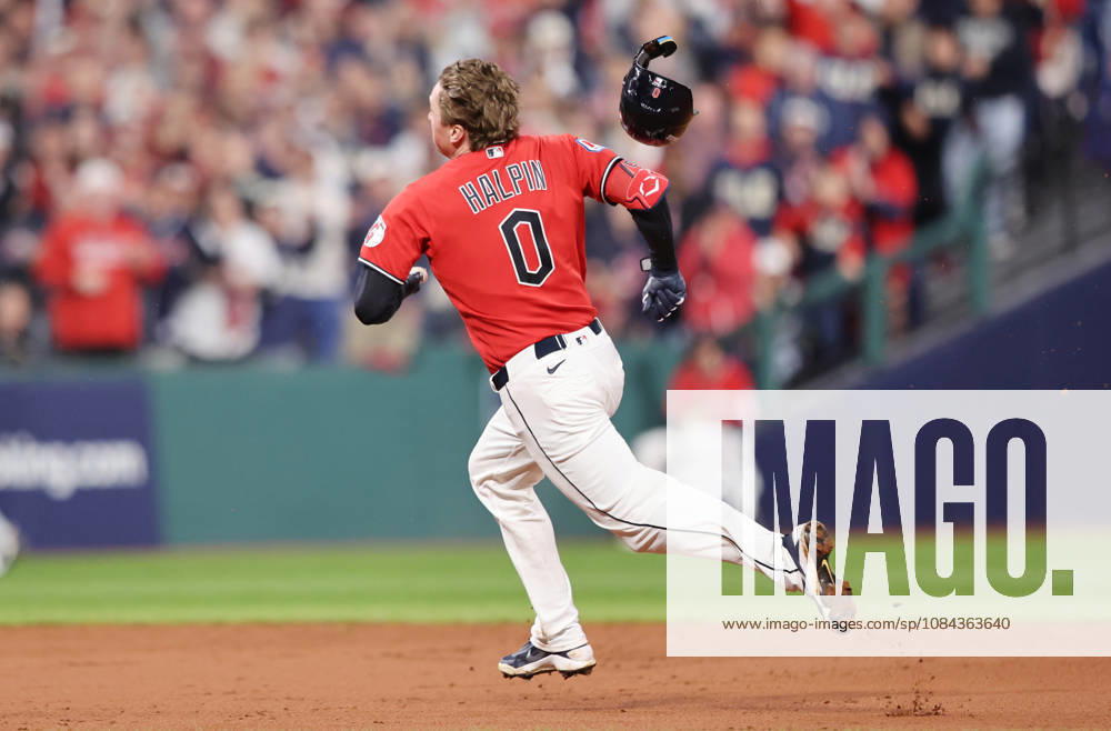 Cleveland Guardians Petey Halpin (0) tries to stretch a double into a triple against the Chicago White Sox in the fifth inning of an MLB, Baseball Herren, USA American League Division Series at Progressive Field in Cleveland, Ohio, on Saturday, October 10, 2026. Halpin was tagged out at third by Chicago White Sox third baseman Miguel Vargas. CLE20261010728 AARONxJOSEFCZYK