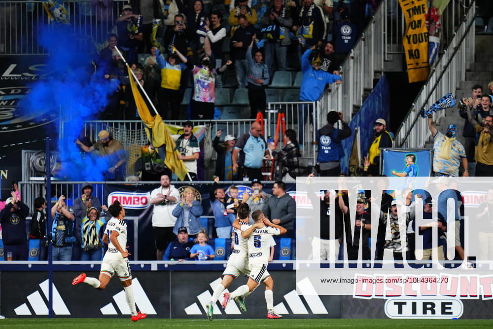 Philadelphia Union Forward Milan Iloski (10) and Philadelphia Union Midfielder Cavan Sullivan (6) celebrate a goal during the second half of an MLS, Fussball Herren, USA match against Real Salt Lake at Subaru Park in Chester, Pennsylvania. CSM Chester United States of America - ZUMAc04_ 20261010_zma_c04_308