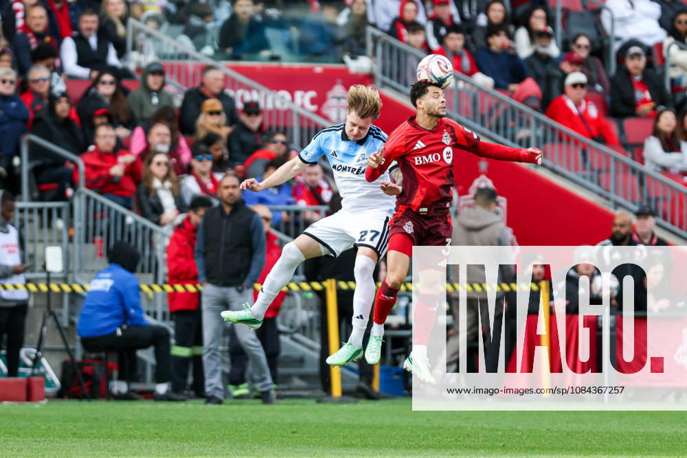 Toronto FC v CF Montreal Matheus Pereira 3 of Toronto FC (right) heads the ball while battling with Dawid Bugaj 27 of CF Montreal (left) during a Major League Soccer game between Toronto FC and CF Montreal at BMO Field in Toronto, Ontario, Canada, on October 10, 2026. Toronto Ontario Canada