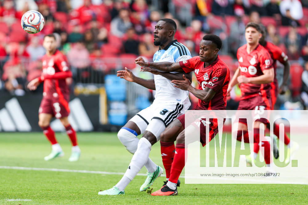 Toronto FC v CF Montreal Prince Owusu 9 of CF Montreal (L) competes for the ball against Richie Laryea 22 of Toronto FC (R) during a Major League Soccer game between Toronto FC and CF Montreal at BMO Field in Toronto, Ontario, Canada, on October 10, 2026. Toronto Ontario Canada