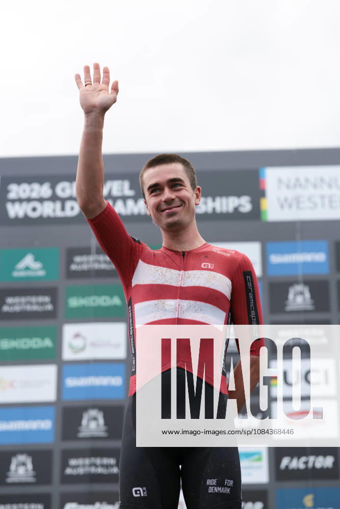 2026 UCI Gravel World Championships Picture by James Raison SWpix.com - 11 10 2026 - Cycling - 2026 UCI Gravel World Championships - Nannup, Western Australia, Australia - Mens Elite Podium - Magnus Bak Klaris (Denmark) wins the Gold Medal to become World Champion