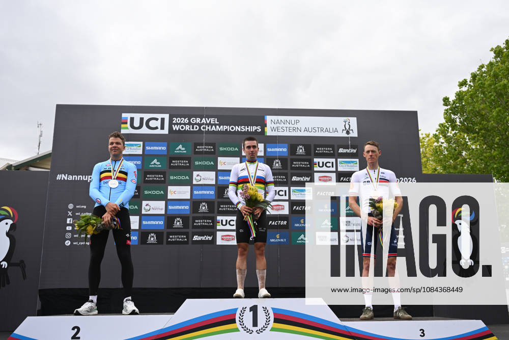 2026 UCI Gravel World Championships Picture by Zac Williams SWpix.com - 11 10 2026 - Cycling - 2026 UCI Gravel World Championships - Nannup, Western Australia, Australia - Mens Elite Podium - Magnus Bak Klaris (Denmark) wins the Gold Medal to become World Champion with Florian Vermeersch (Belgium) receiving the Silver Medal and Connor Swift (Great Britain) receiving the Bronze Medal