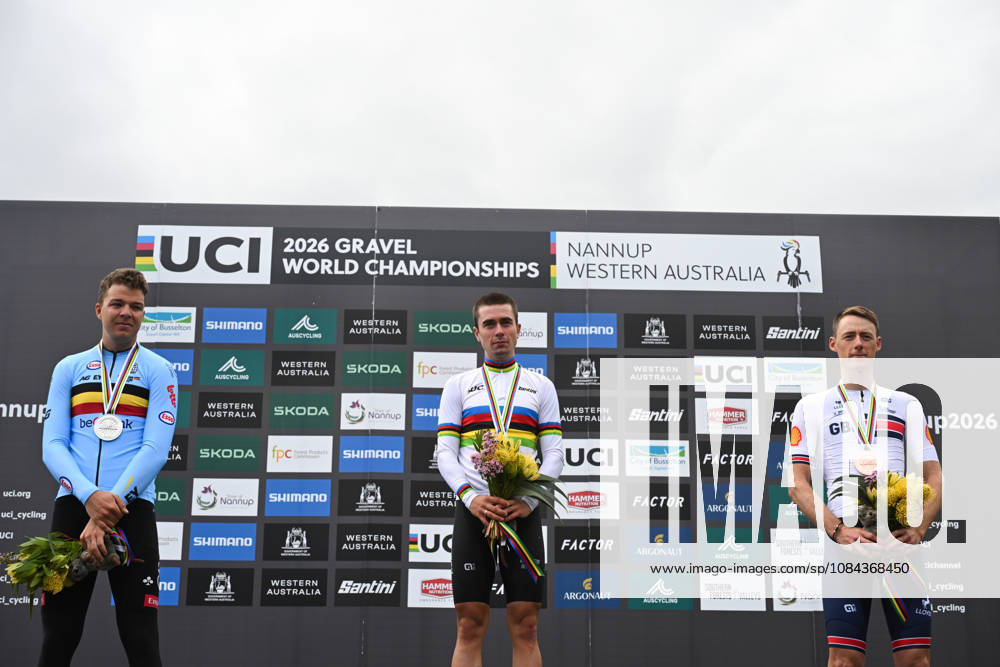 2026 UCI Gravel World Championships Picture by Zac Williams SWpix.com - 11 10 2026 - Cycling - 2026 UCI Gravel World Championships - Nannup, Western Australia, Australia - Mens Elite Podium - Magnus Bak Klaris (Denmark) wins the Gold Medal to become World Champion with Florian Vermeersch (Belgium) receiving the Silver Medal and Connor Swift (Great Britain) receiving the Bronze Medal