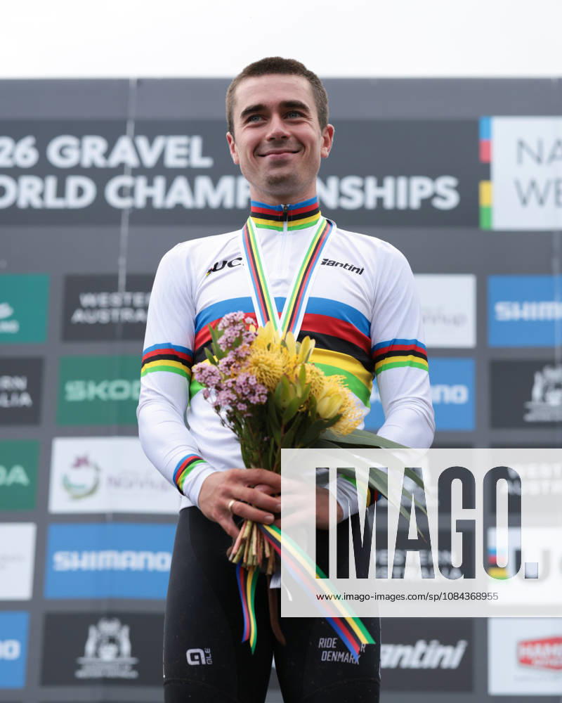 2026 UCI Gravel World Championships Picture by James Raison SWpix.com - 11 10 2026 - Cycling - 2026 UCI Gravel World Championships - Nannup, Western Australia, Australia - Mens Elite Podium - Magnus Bak Klaris (Denmark) wins the Gold Medal to become World Champion