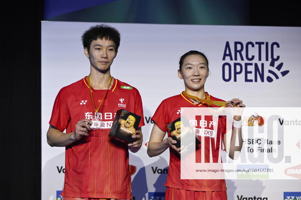 Wei Ya Xin (L) and Jiang Zhen Bang (R) of China pose with their medals after they won the mixed doubles final at the badminton Clash of Clans Arctic Open 2026 tournament in Vantaa, Finland, on October 11, 2026. - ANTTI AIMO-KOIVISTO Finland W3pu4Tb4Wbc