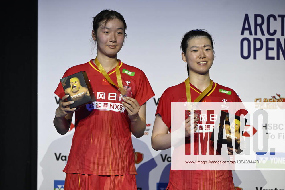 Chen Fan Shu Tian (L) and Luo Xu Min (R) of China pose with their medals after winning their women s doubles match against Lin Jhih Yun and Hsu Yin-Hui of Taiwan (not pictured) during the finals at the badminton Clash of Clans Arctic Open 2026 tournament in Vantaa, Finland, on October 11, 2026. - ANTTI AIMO-KOIVISTO Finland x0RD7TAD9Ak