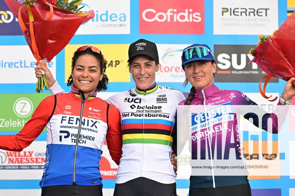 Netherlands Ceylin Del Carmen Alvarado; Netherlands Lucinda Brand and Netherlands Denise Betsema celebrate on the podium after the women elite race of the Mosselcross cyclocross cycling event, on Sunday 11 October 2026, in Dendermonde, the first race (out of 7) of the HG Cross competition. DAVIDxPINTENS x189446614x