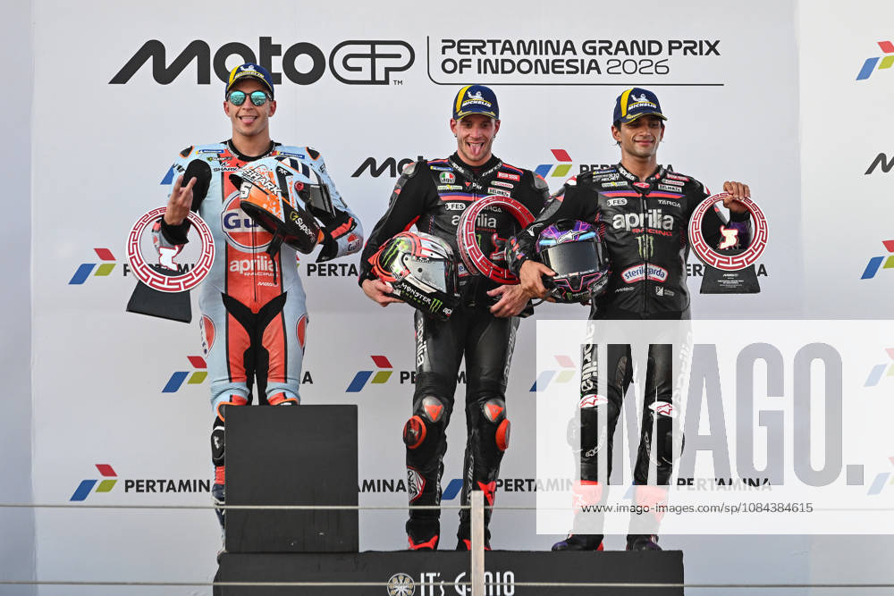 MOTO - MOTO GP - GRAND PRIX OF INDONESIA 2026 BEZZECCHI Marco (ita), Aprilia Racing, Aprilia RS-GP26, podium, portrait with FERNANDEZ Raul (spa), Trackhouse MotoGP Team, Aprilia RS-GP26 and MARTIN Jorge (spa), Aprilia Racing, Aprilia RS-GP26 during the 2026 MotoGP Pertamina Grand Prix of Indonesia on the Mandalika circuit from October 9 to 11, at West Nusa Tenggara, Indonesia - West Nusa TenggaraIndonesia