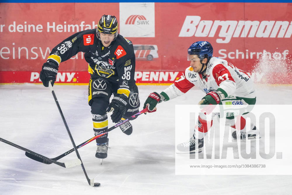 Zweikampf zwischen Tim Schuetz (Krefeld Pinguine, 38) und Sean Malone (Augsburger Panther, 17). Krefeld Pinguine vs. Augsburger Panther, Eishockey, Penny DEL, 08. Spieltag, Saison 2026 2027, 11.10.2026 Krefeld Pinguine vs. Augsburger Panther, Eishockey, Penny DEL, 08. Spieltag, Saison 2026 2027, 11.10.2026 Krefeld